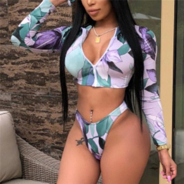 Bikini Push up Padded Zipper Crop Top Swimsuit Bathing Swimsuit Swimming Suit For Women Two Piece Suits