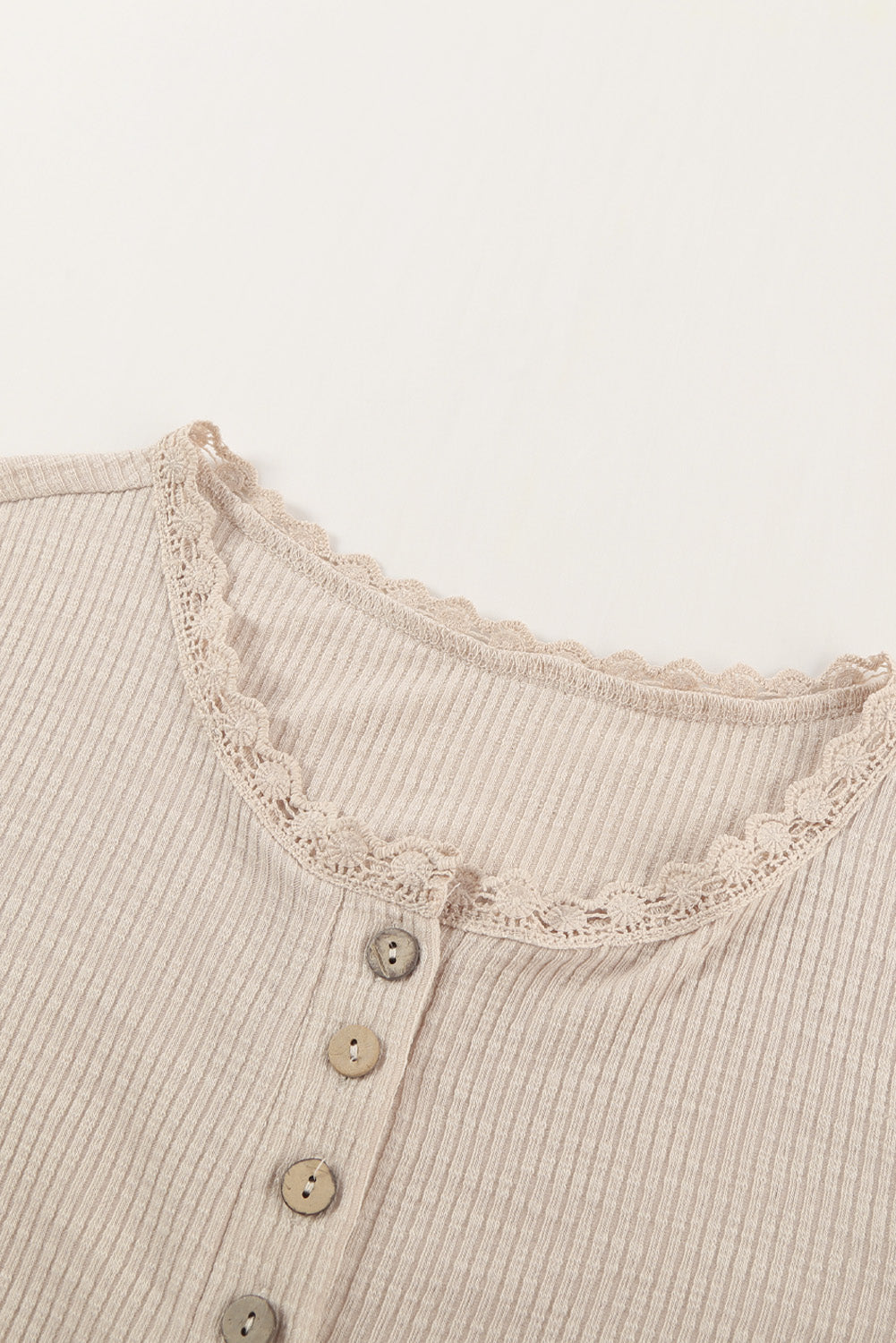 Beige Crew Neck Buttoned Ribbed Knit Short Sleeve Top
