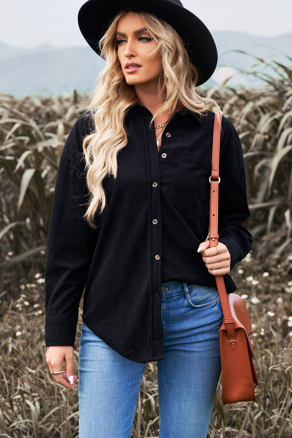 Black Pocket Corduroy Shirt