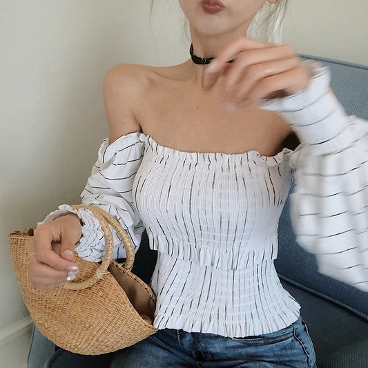 Women's Slash Neck Off-shoulder Vertical Striped Shirts Blouses Girl Full Sleeve Blouse Shirt Crop Tops for Female