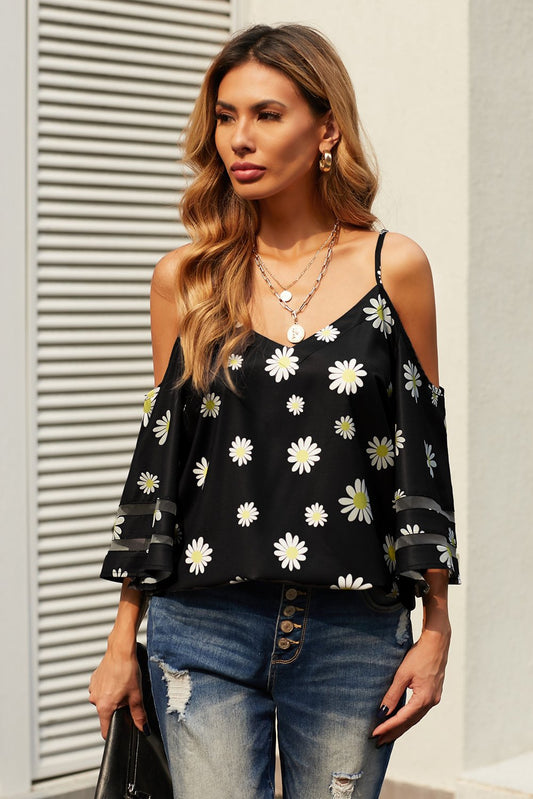 Black Daisy Floral Cold Shoulder Blouse